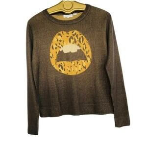 Afends Crew Neck jumper Long sleeve sweater brown mustard sz 8 mouth print